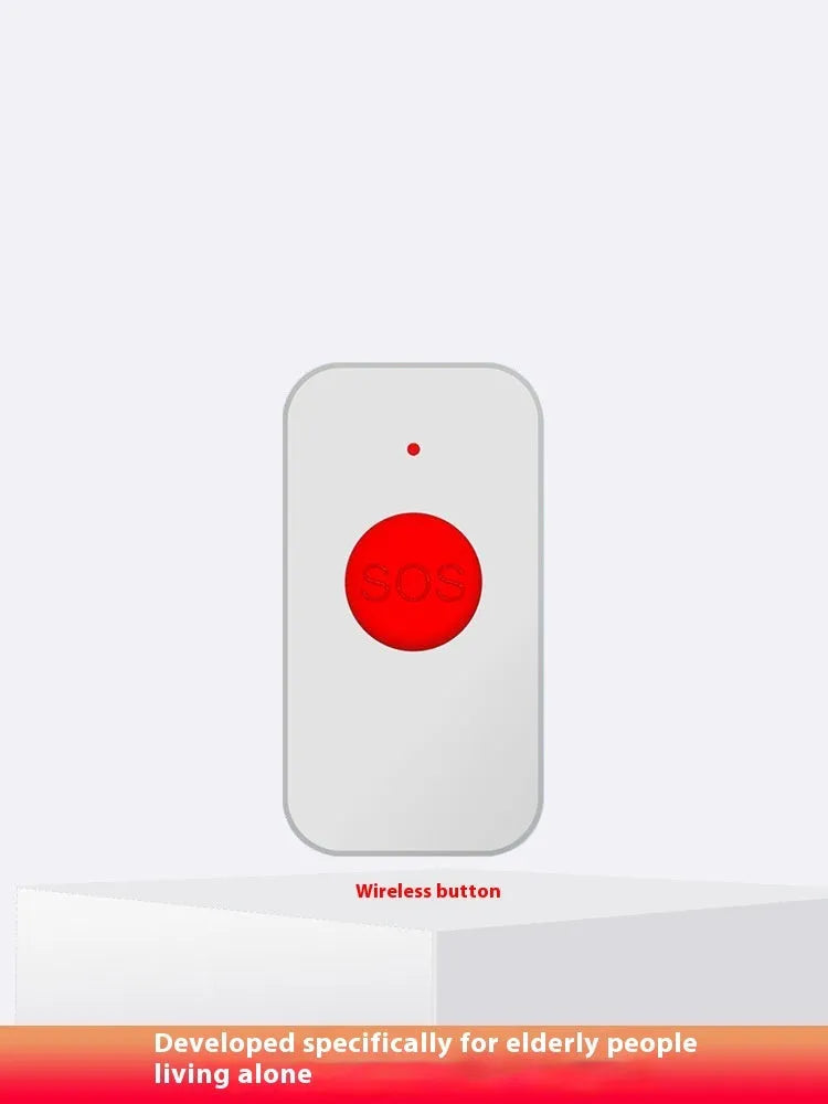 White circular emergency alert buzzer unit with three small emergency button transmitters for elderly safety