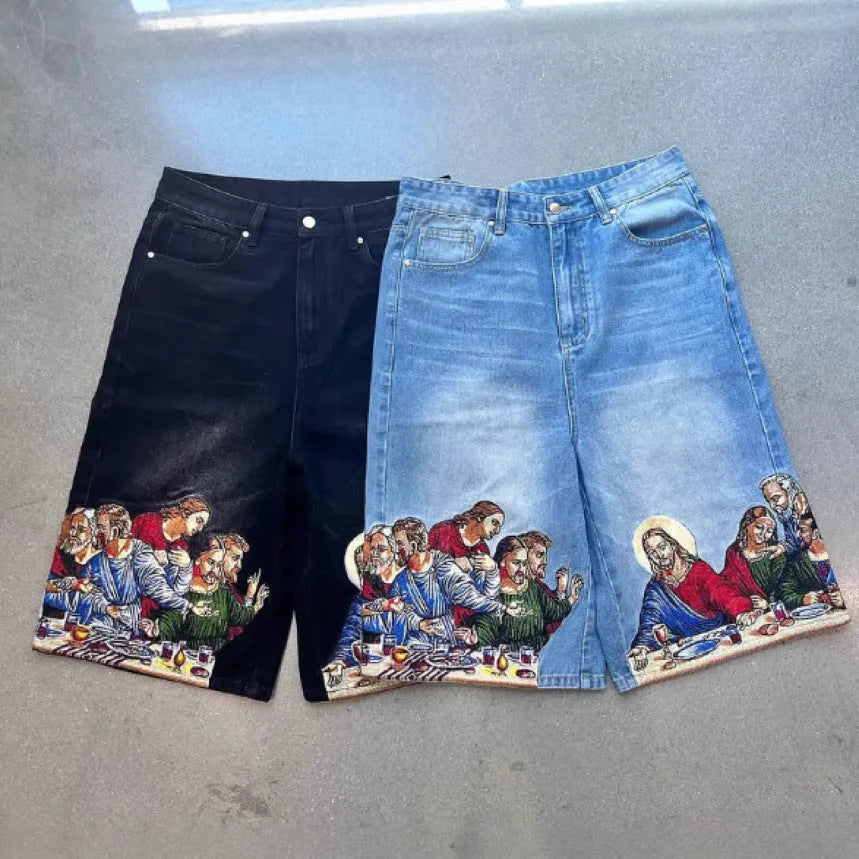 Men's blue cotton shorts with Jesus printed back pocket, tapered style with micro elasticity fabric