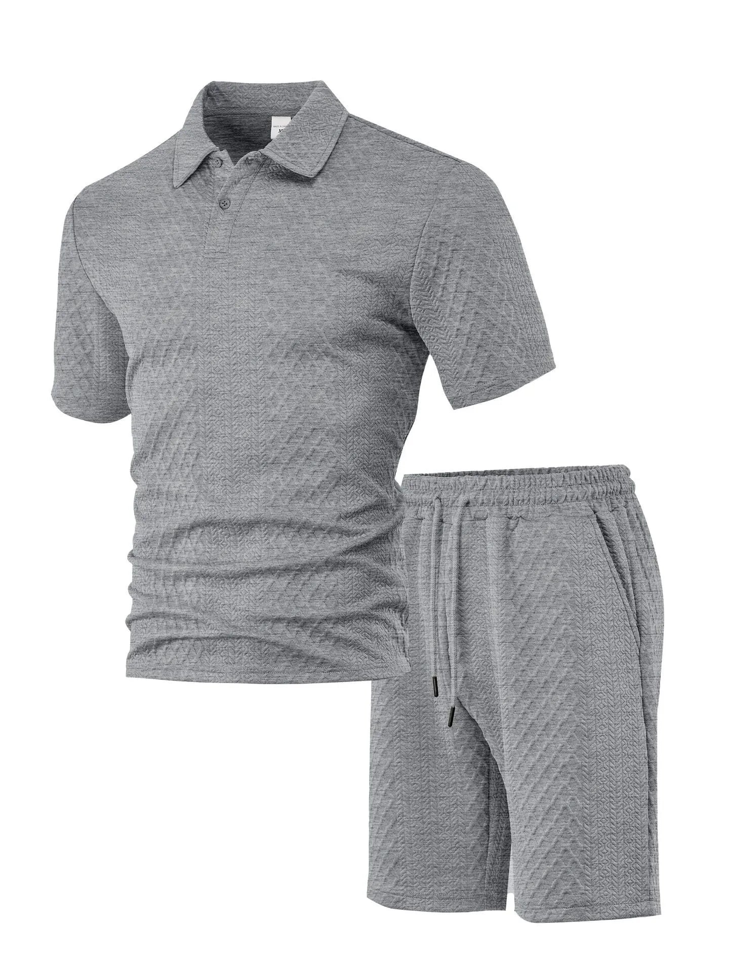Men's light grey casual short sleeve suit with polo shirt and trousers on a hanger