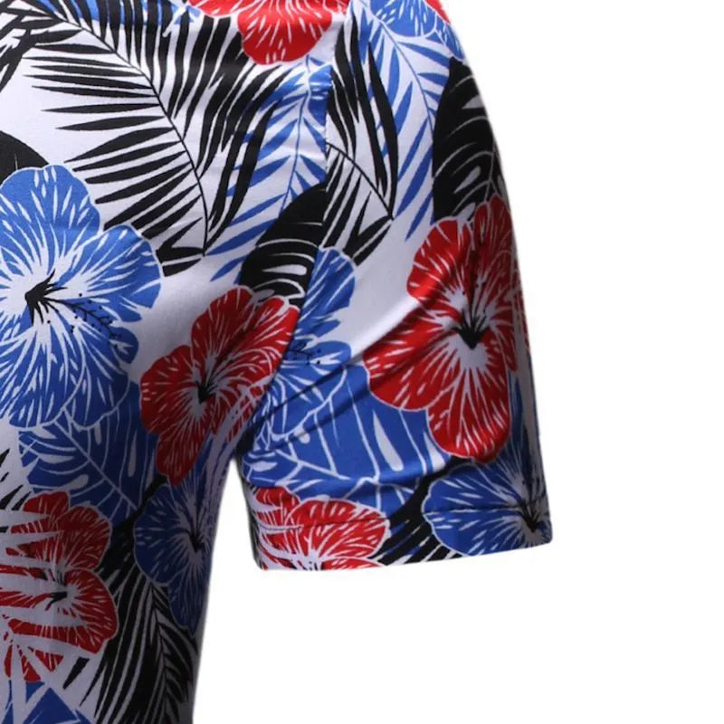 Men's summer beach short-sleeved floral shirt with square collar in blue polyester fibre