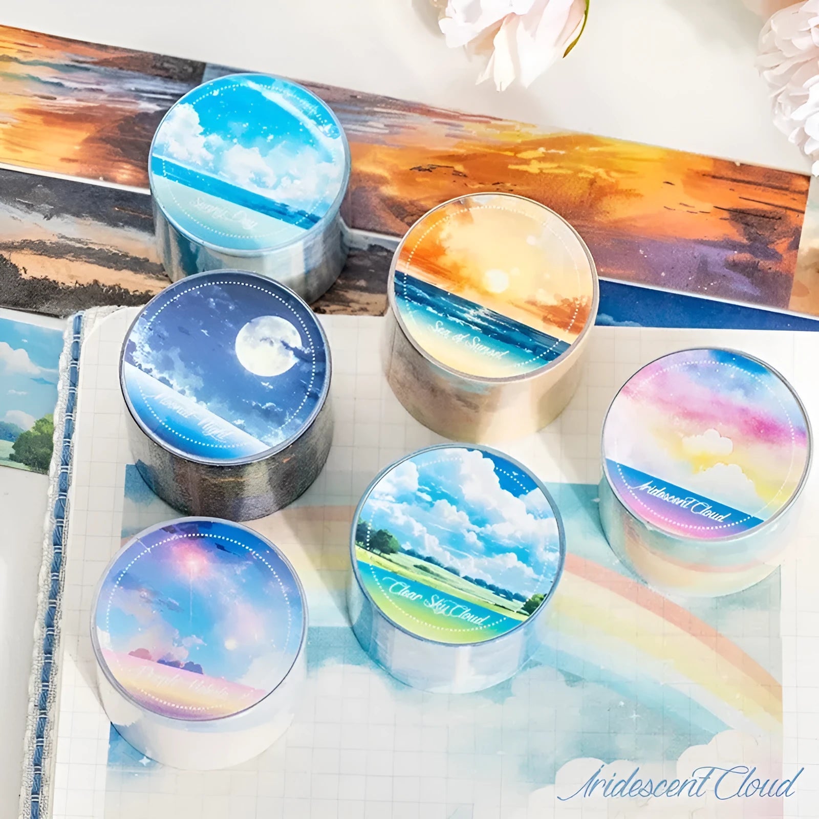 Japanese paper washi tape roll with celestial sky patterns including colourful clouds and twilight, 30mm width