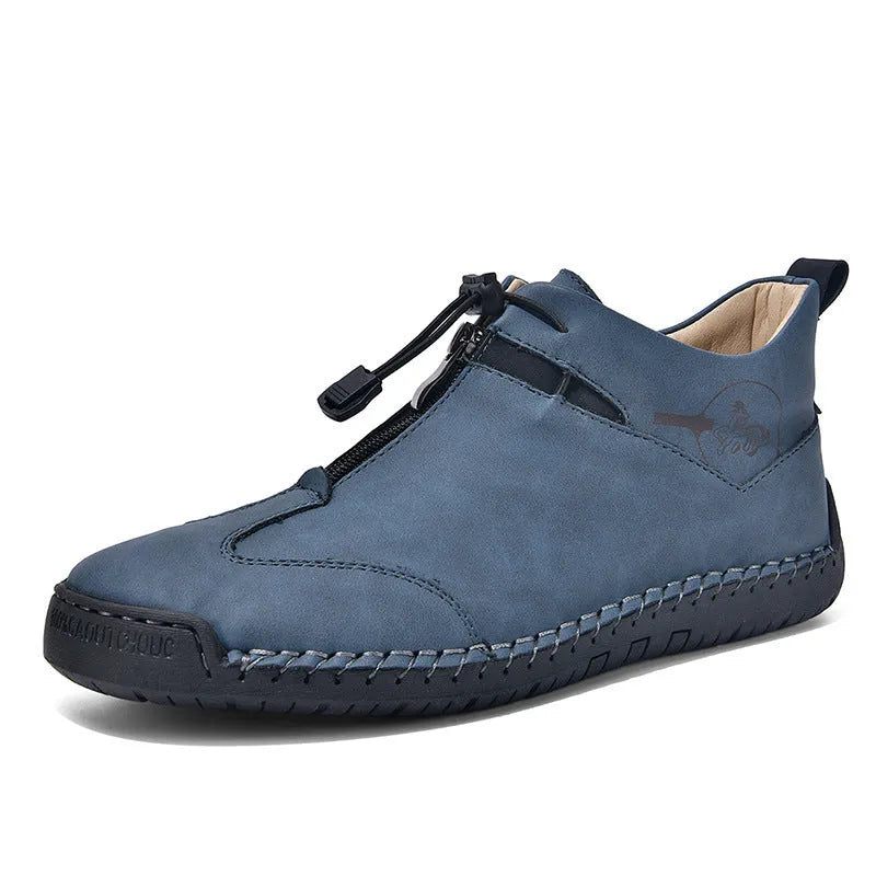 Men's casual leather shoes in khaki with round toe, mid heel, and reinforced leather upper.