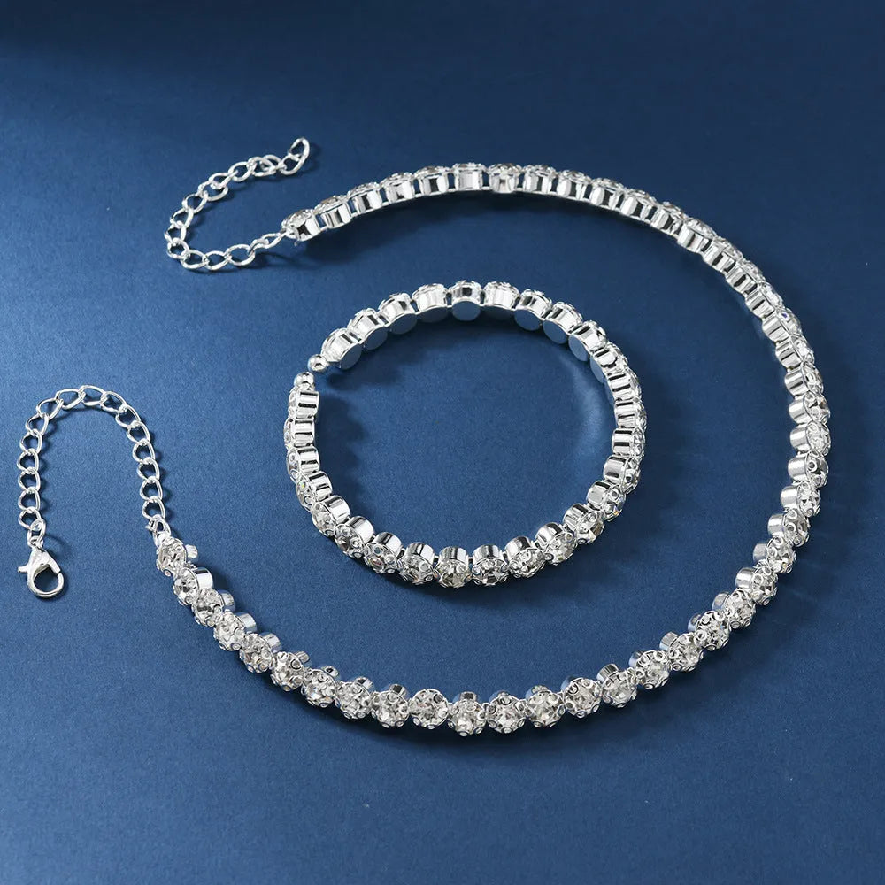 Women's rhinestone double-layer necklace and bracelet with stud earrings in gold set