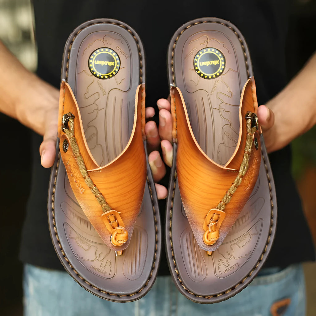 Men's dark blue herringbone-patterned outdoor slippers with artificial PU upper and rubber sole