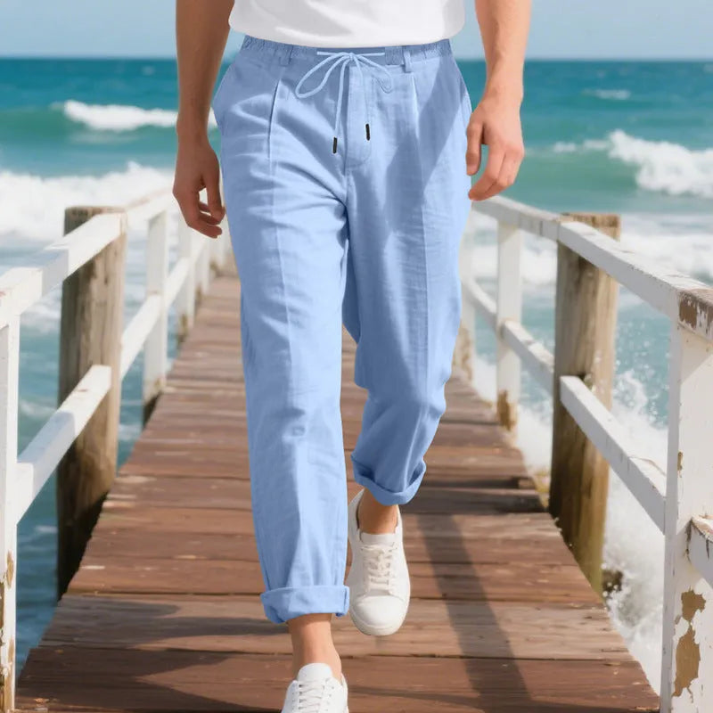 Men's linen straight leg trousers in army green with drawstring waist