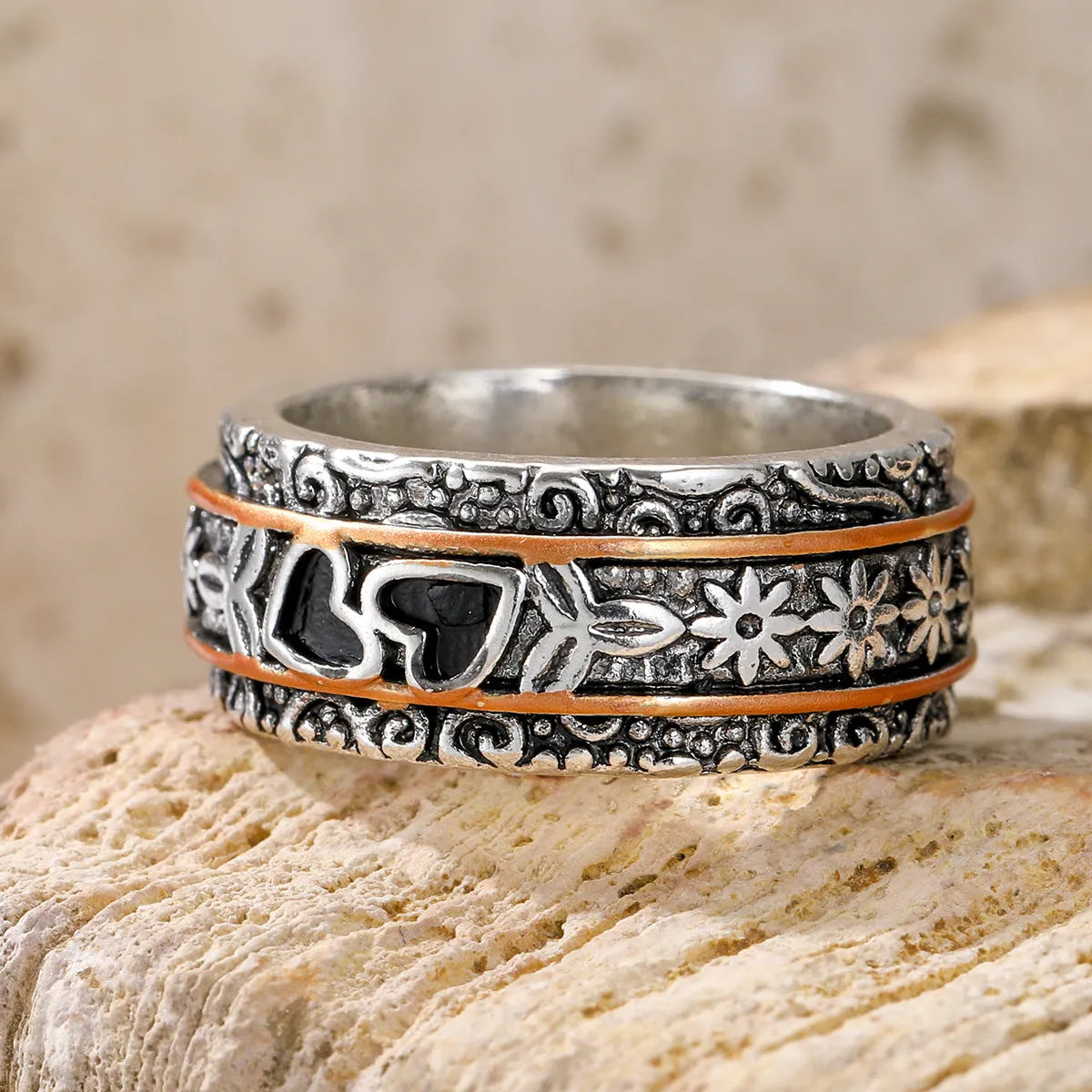 Personality love wide noodle ring for women in silver zinc alloy electroplated finish