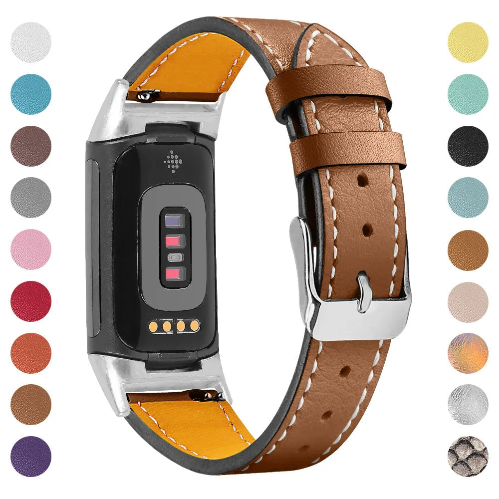 Genuine cowhide leather replacement watch strap for Fitbit Charge 5 and Charge 6 smartwatches.
