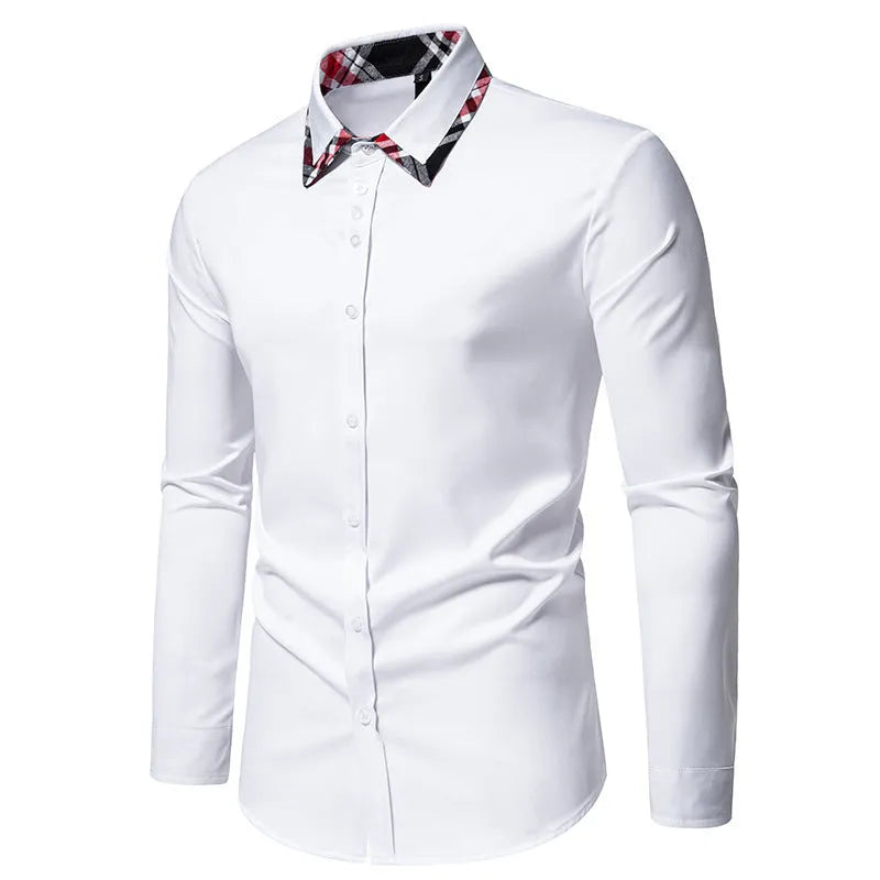 Men's polyester blend plaid shirt with triangle collar in black, blue or white colour options