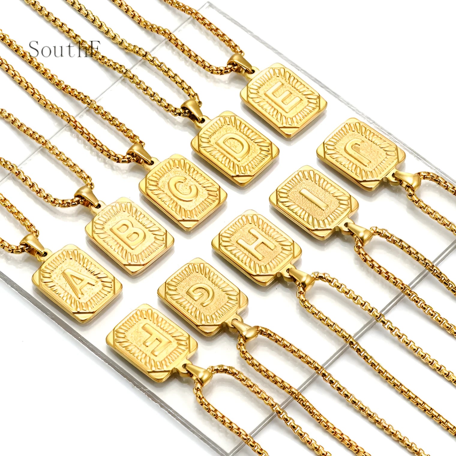 Gold-plated 18K titanium steel letter pendant necklace with pearl chain, gold colour, unisex design