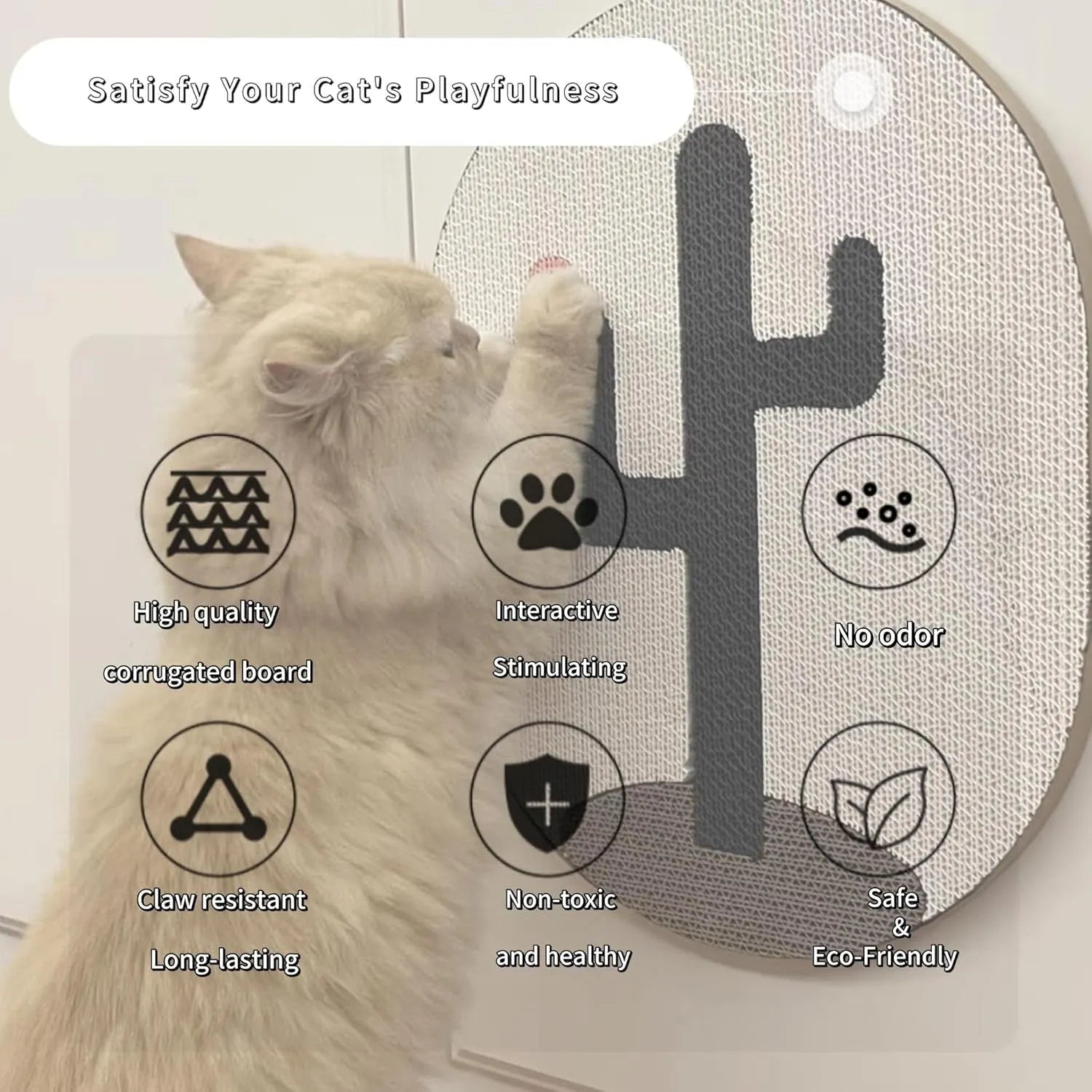 Wall-mounted vertical cat scratch pad with corrugated cardboard surface measuring 35cm by 44cm