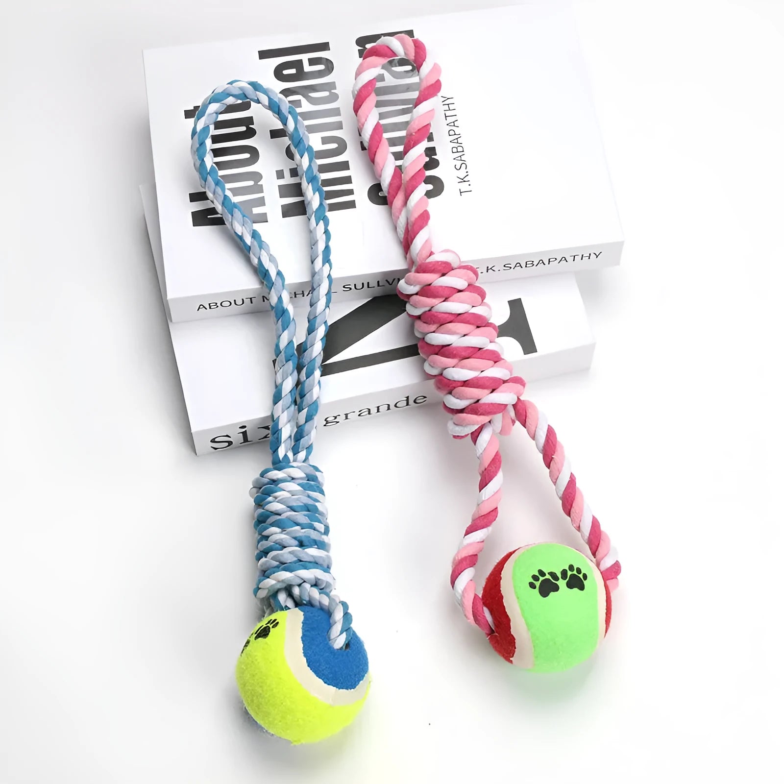 Cotton string dog toy for medium large dogs in red and white colours, approximately 38cm long.