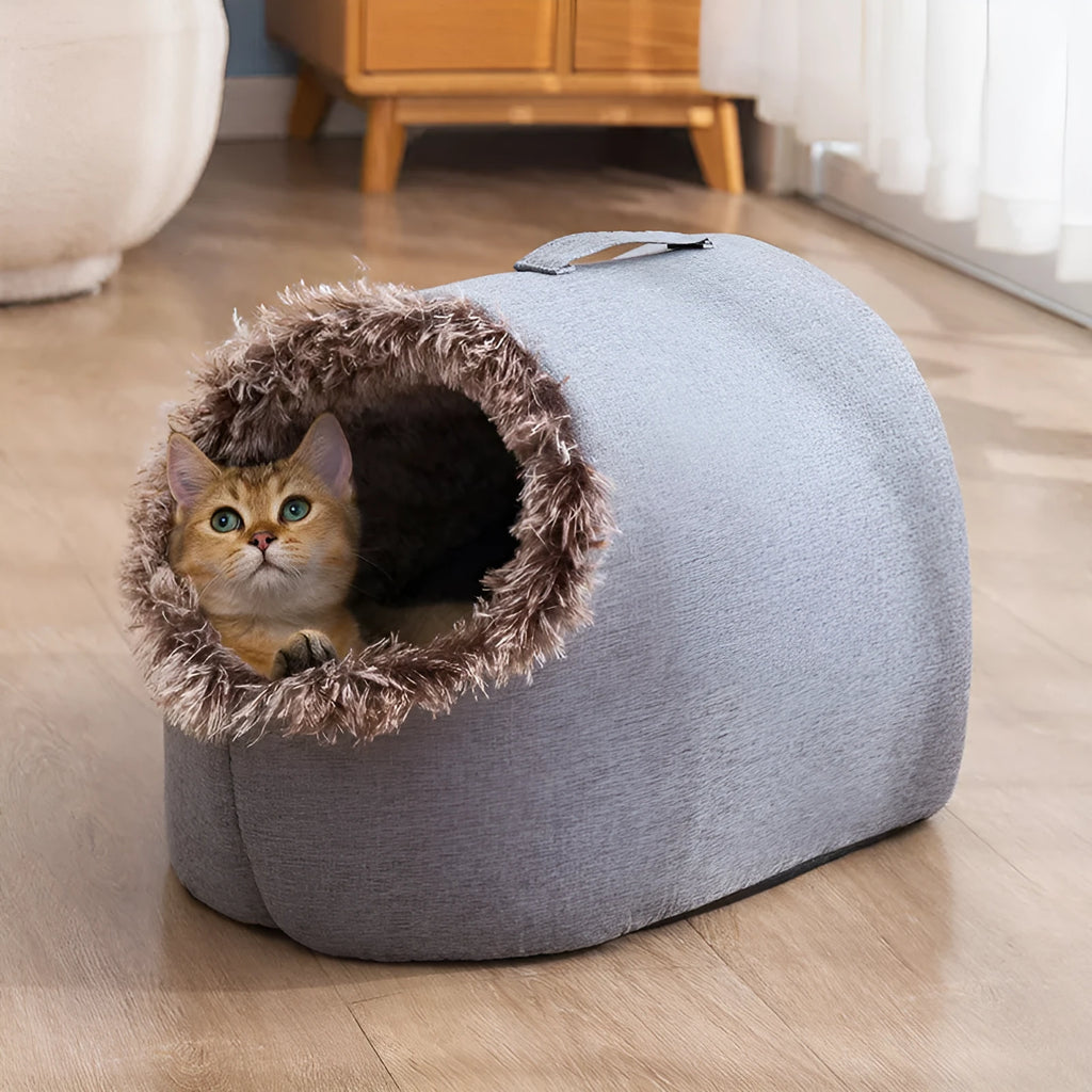 Fleece-lined cat nest sleeping bag in coffee color, size M 40x30x28cm, closed design for winter warmth