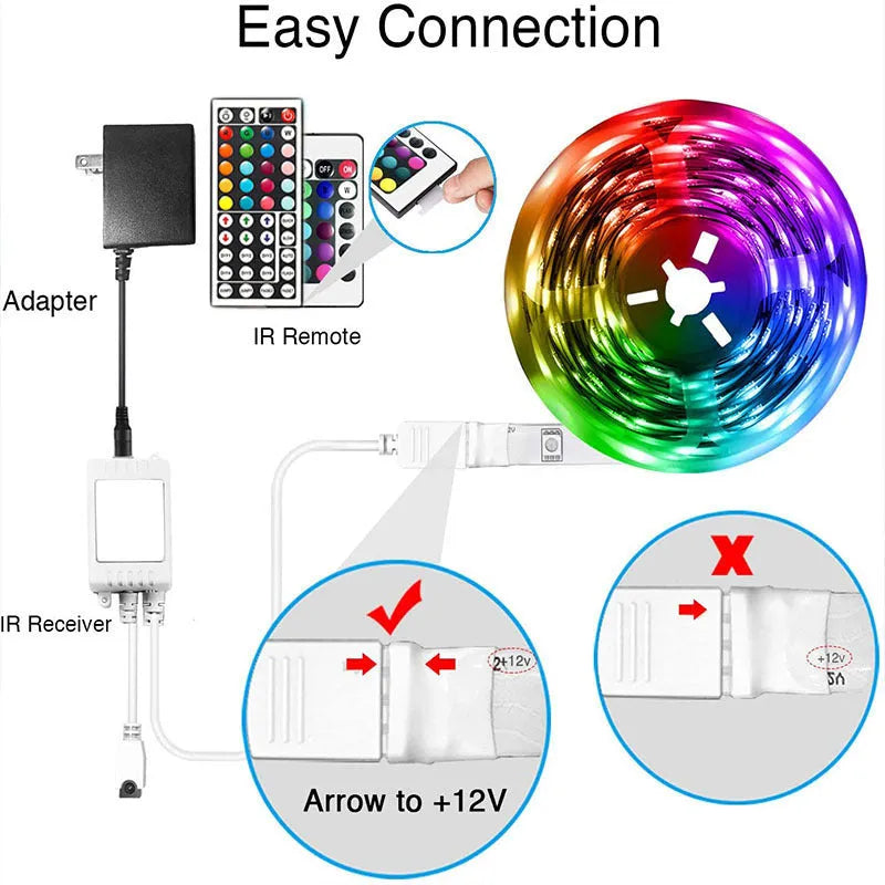 Roll of flexible RGB LED strip light with Bluetooth controller and power adapter on a table