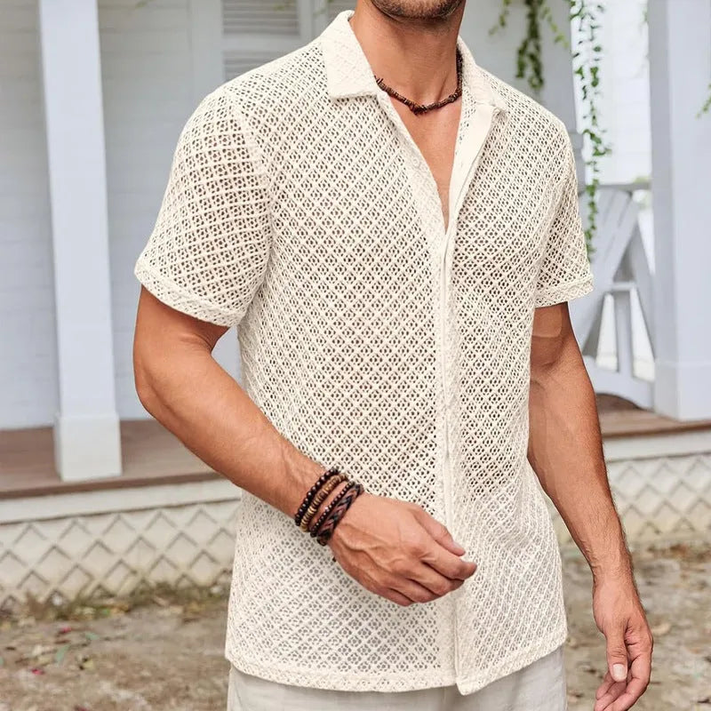 Men's cotton blend short sleeve summer shirt with lapel collar in black colour
