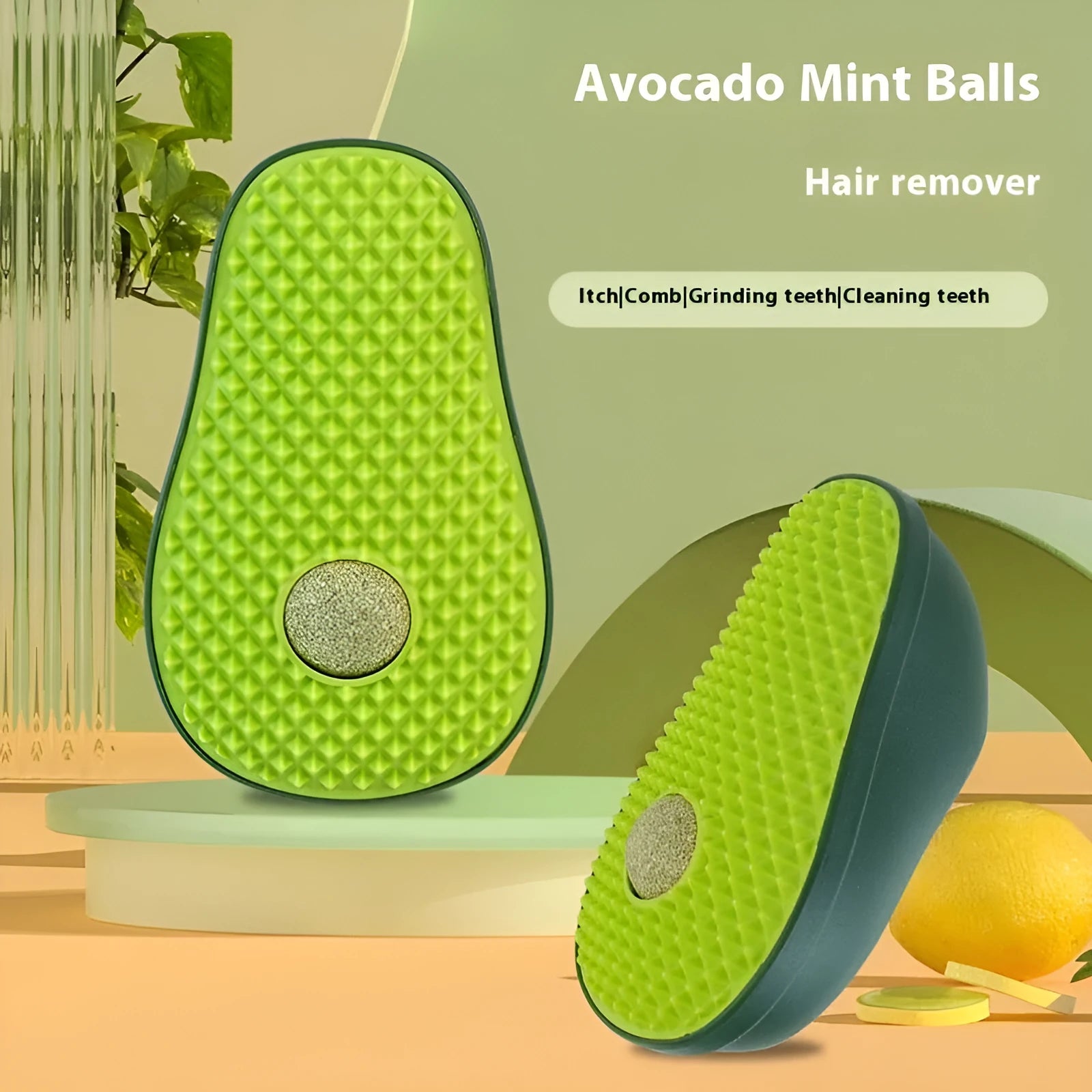 Avocado petting post cat scratch toy in green, 13.5x8.5x6cm, made of ABS and TPR materials.