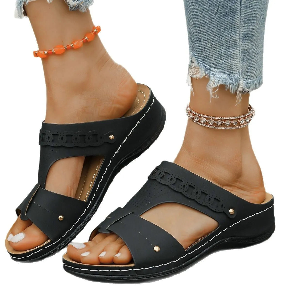 PU Roman style slippers with fish mouth toe holders in blue, black, white, beige, red and brown colours