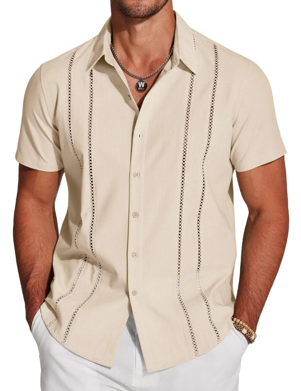 Men's slim fit Hawaiian shirt with digital print pattern and short sleeves showing elastic band construction