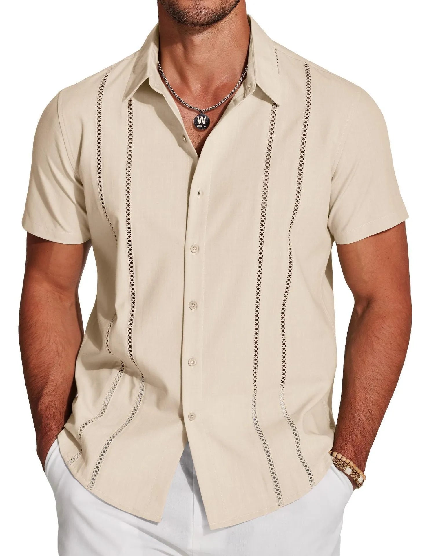 Men's slim fit Hawaiian shirt with digital print pattern and short sleeves showing elastic band construction