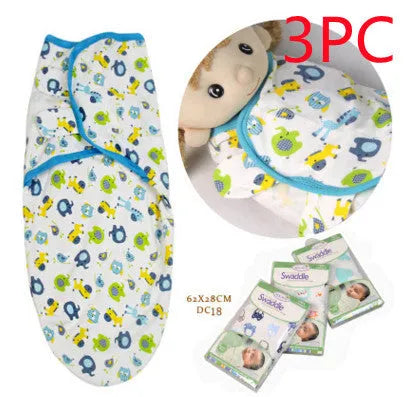 Cotton baby anti-startle swaddle wrap in blue with cartoon print, size 62x28 cm