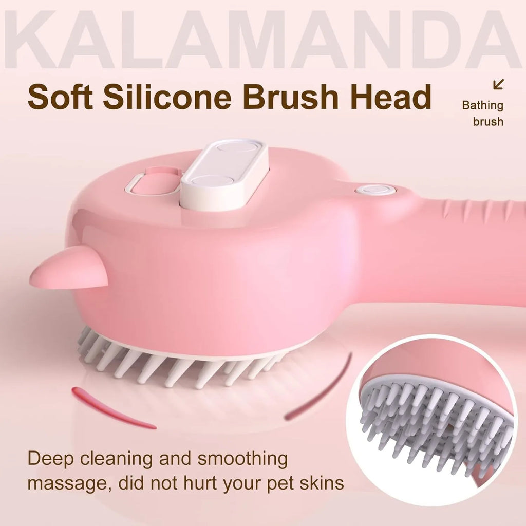 Cat ear-shaped steam brush with ergonomic handle and release button in blue, pink or yellow colour