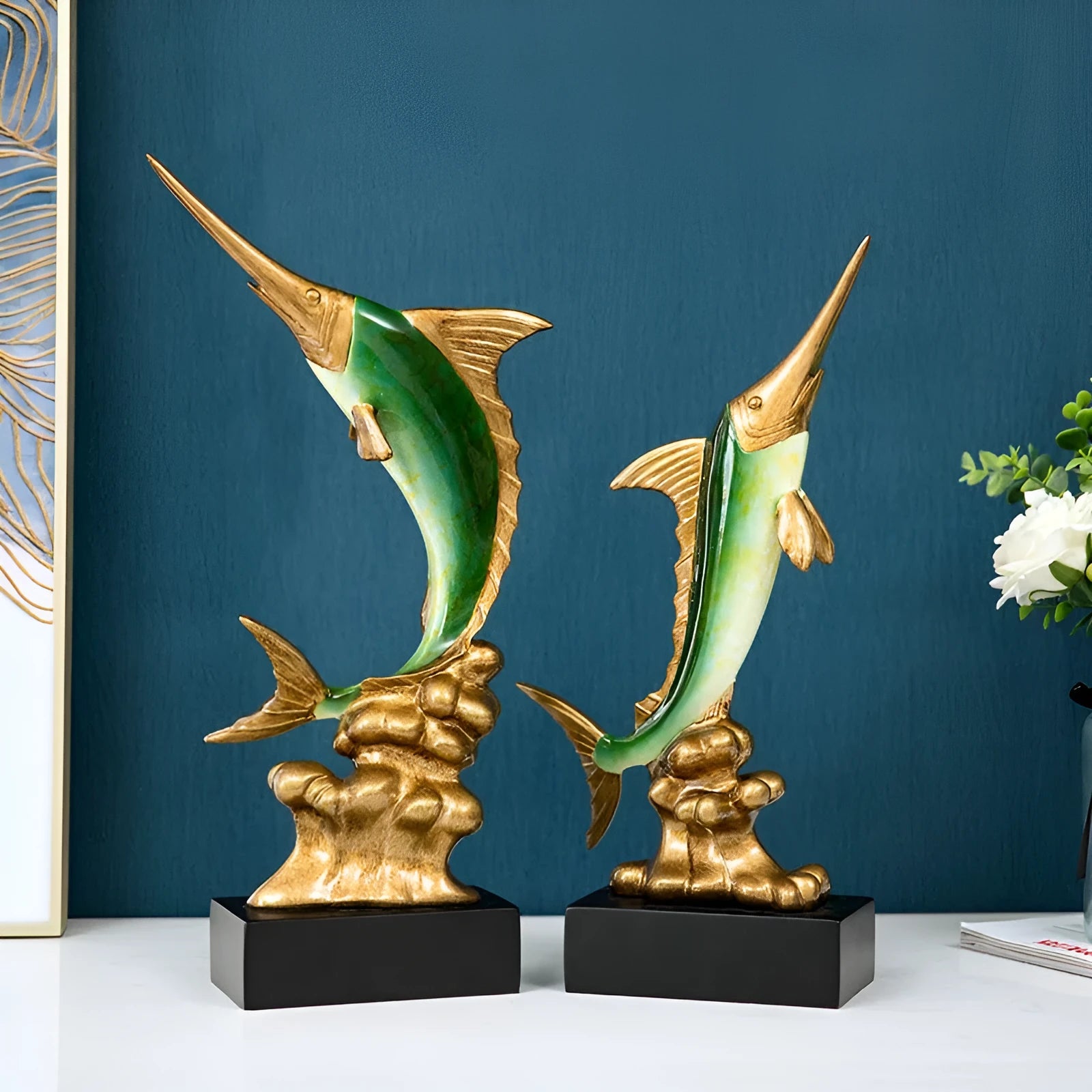 European style swordfish decorative ornament in resin and plastic, shown in one of four colour options