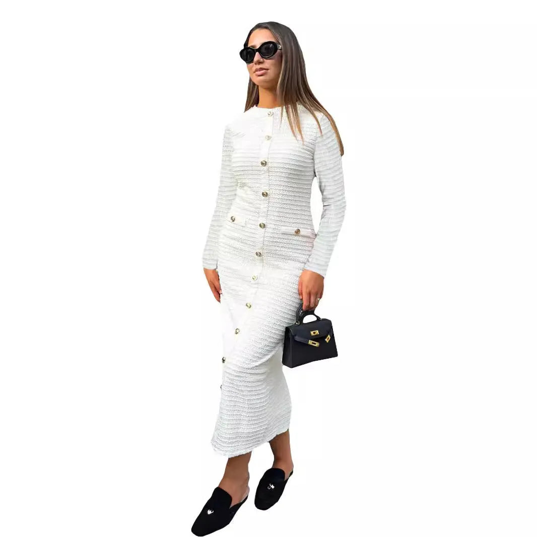 French retro slim fit knitted long-sleeved dress in black shown on a model.
