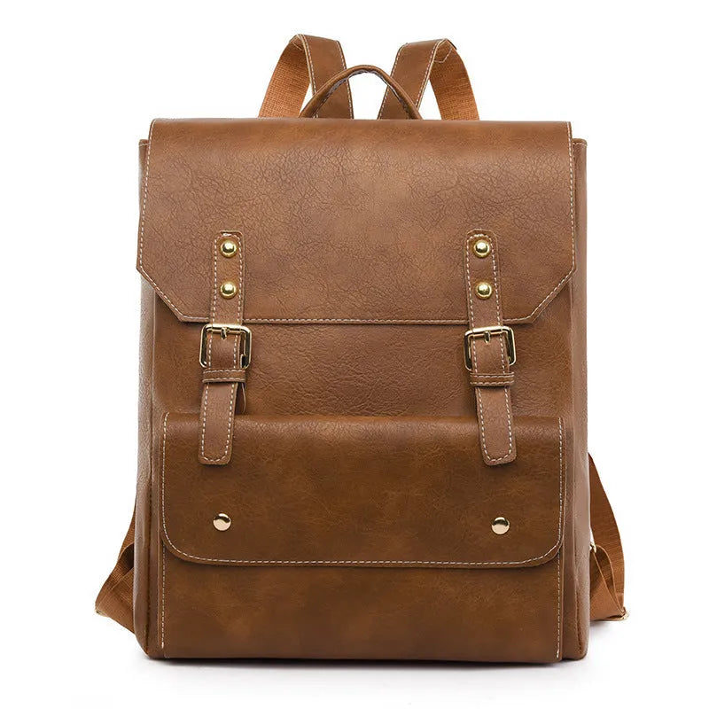 Korean style retro backpack in soft PU material showing ventilation features and available colour options