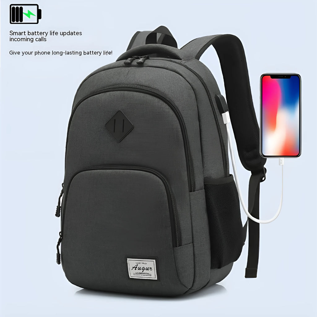 Grey lightweight backpack with USB charging port on the side, showing trolley sleeve on back