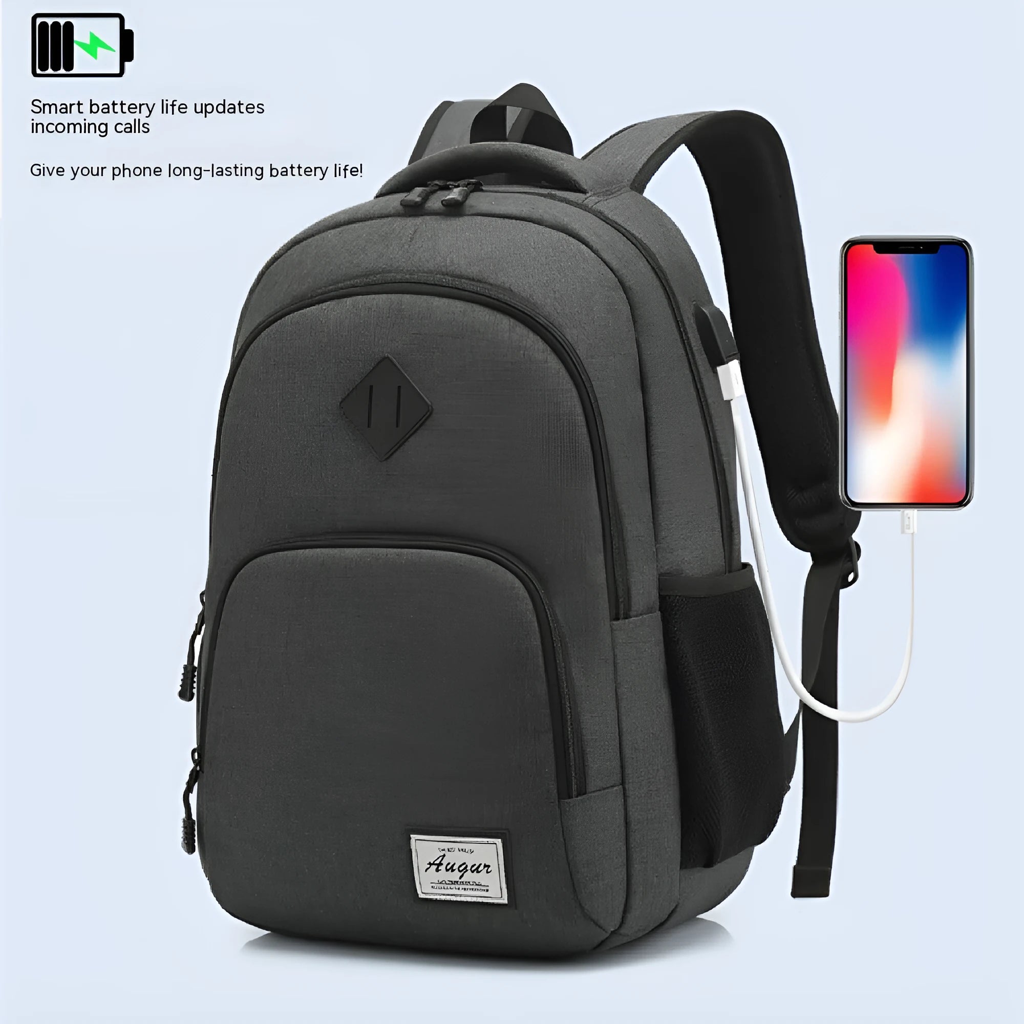 Grey lightweight backpack with USB charging port on the side, showing trolley sleeve on back