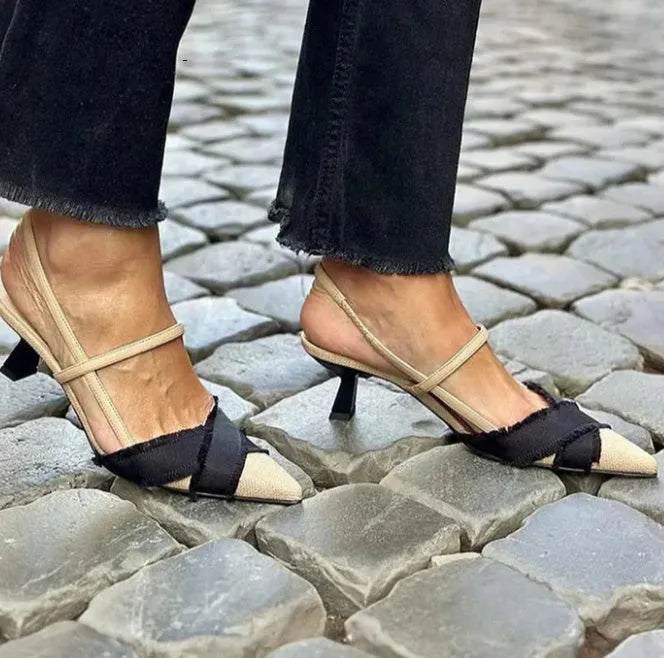Apricot Black women's stiletto sandals with pointed toe and ankle buckle.