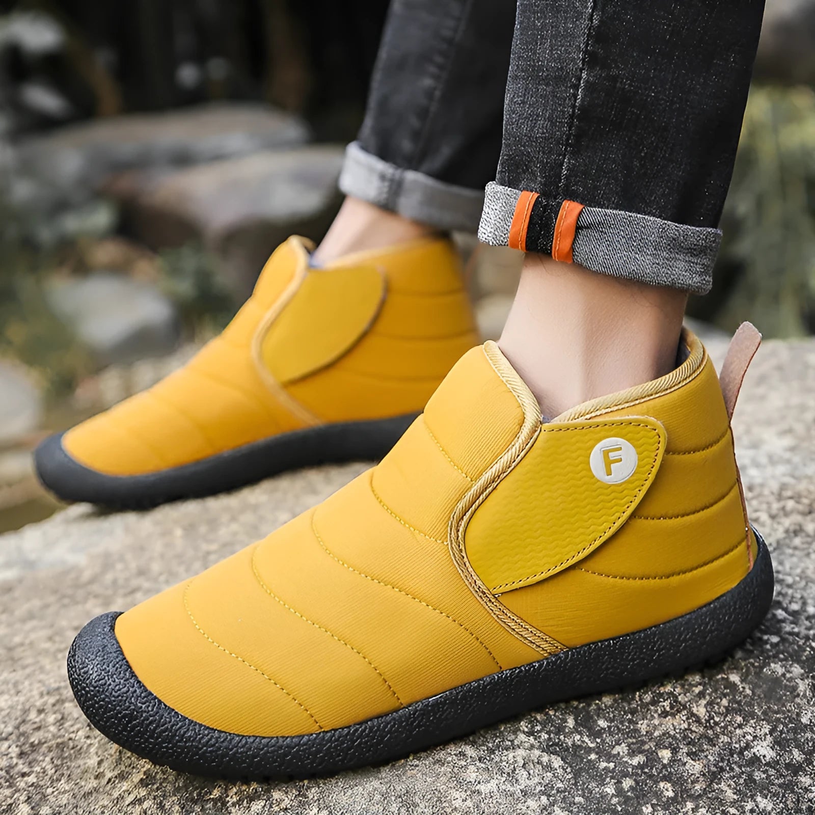 Men's waterproof cotton snow boots with non-slip rubber soles in yellow, green, blue, or black.