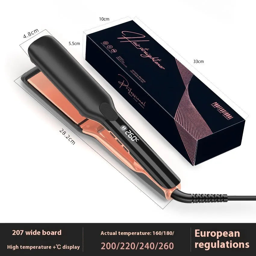 Hair straightener with temperature display showing 207℃ and negative ion technology