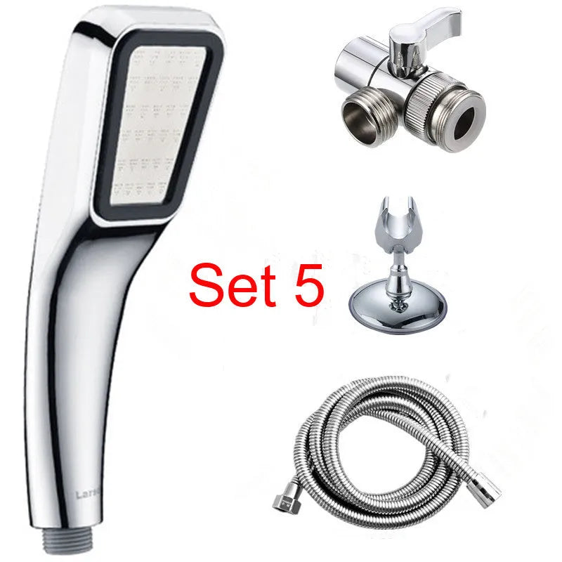 Orange hand-held pressurised shower unit with hose, showing rain shower head and control button.