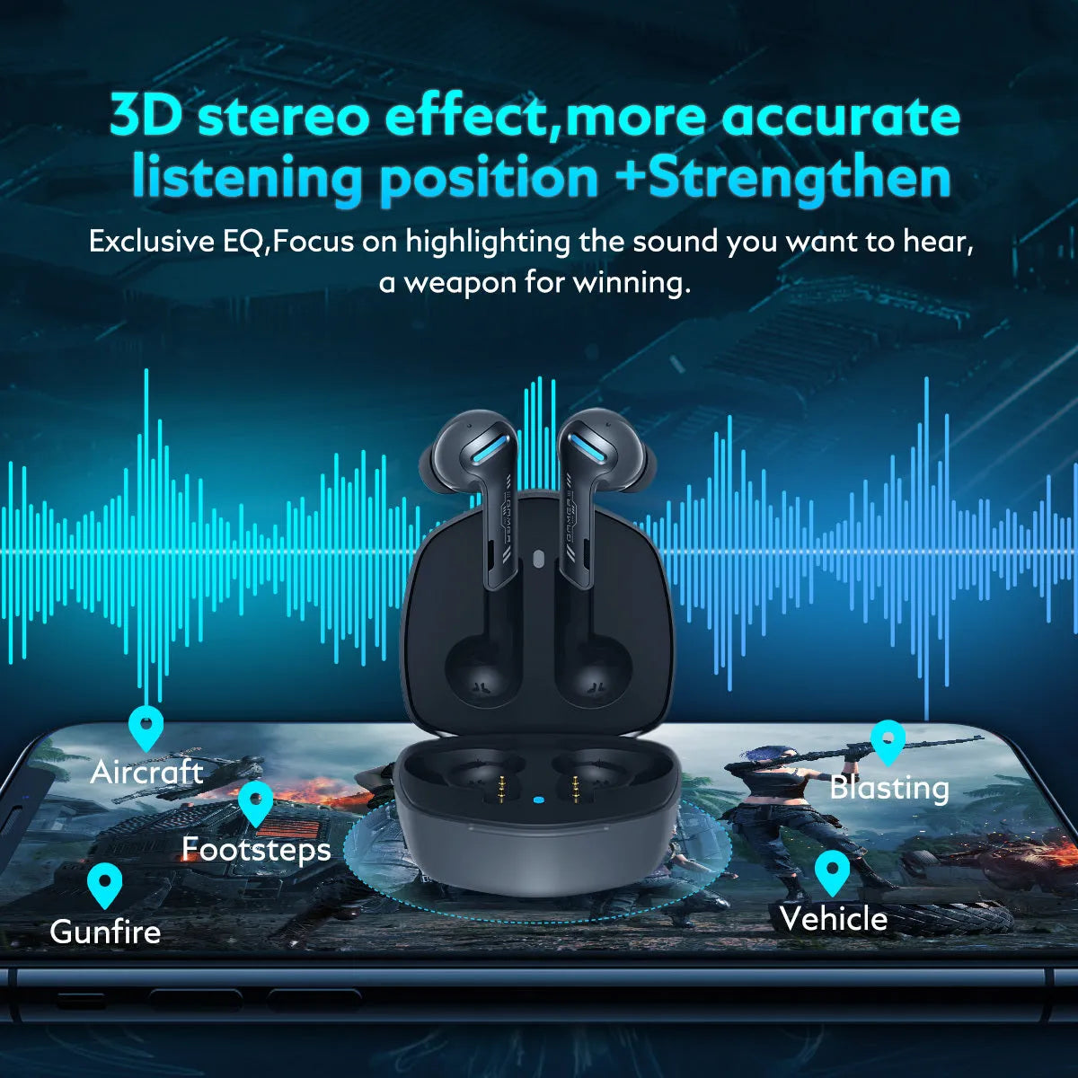 QCY-G1 in ear Bluetooth headset with charging case, blue and grey colours, low-latency gaming earbuds