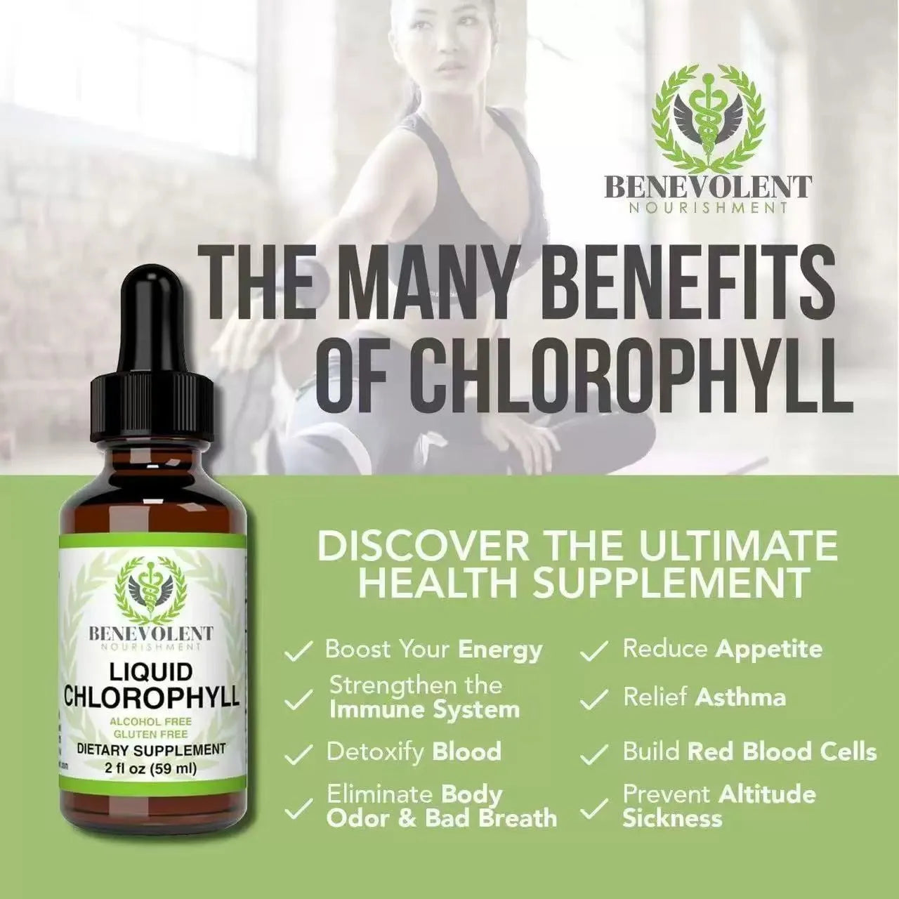 60ml bottle of liquid chlorophyll drops for body odour control and intestinal care supplement