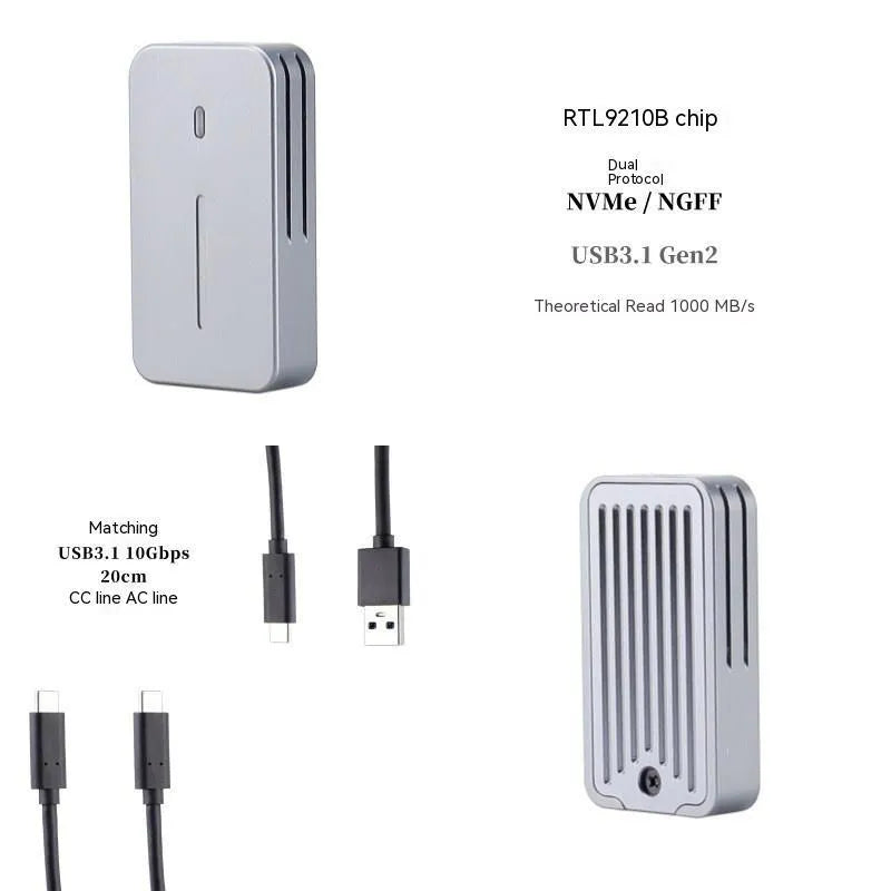 Compact silver aluminium M.2 NVMe to USB-C SSD enclosure showing its small size and USB-C port.