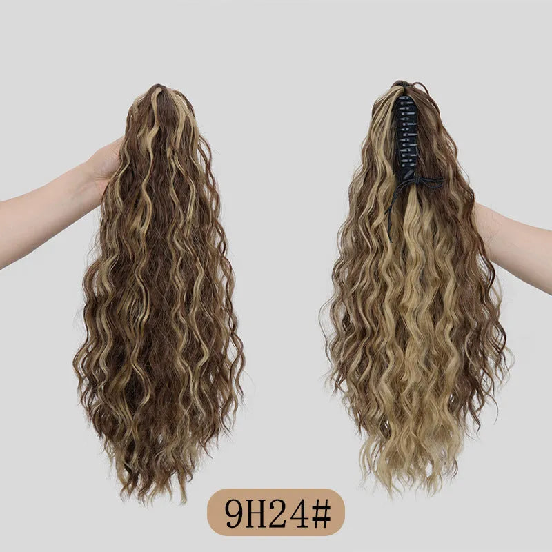 Synthetic corn curler wig ponytail with water ripple grip texture in multiple colour options on a white background.