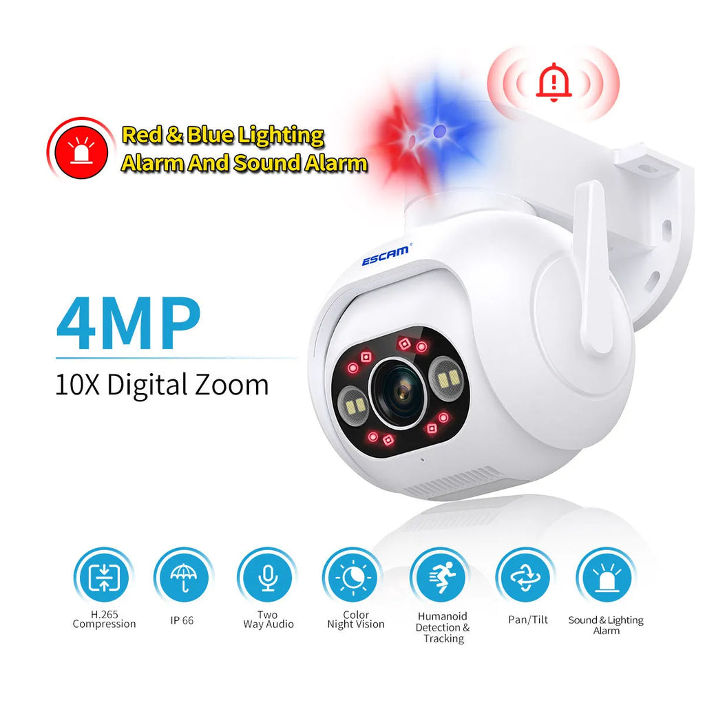 White plastic 4MP smart security camera with wall mount bracket and 12V power adapter