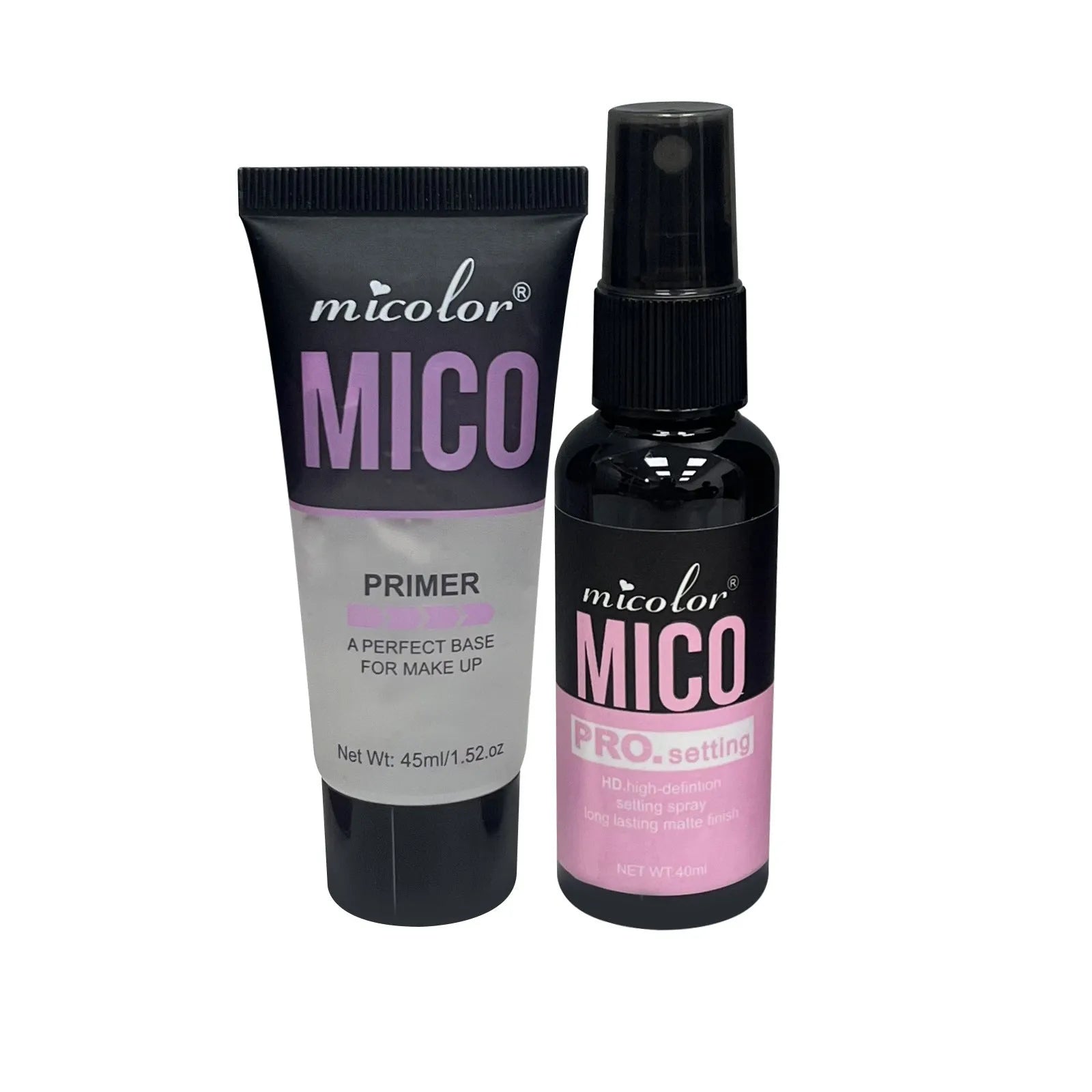 Makeup primer and finishing spray set with 45ml and 40ml bottles for universal skin types