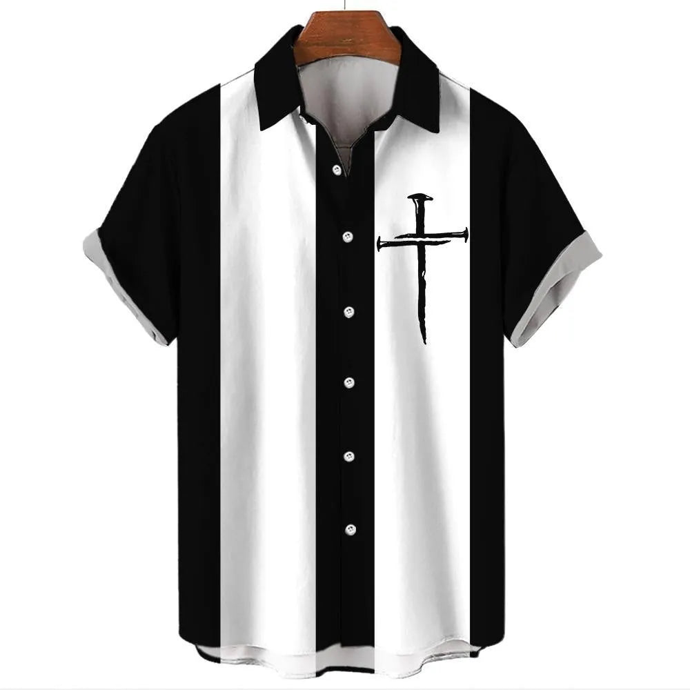 Men's stripe pattern Hawaiian shirt with short sleeves and elastic band construction