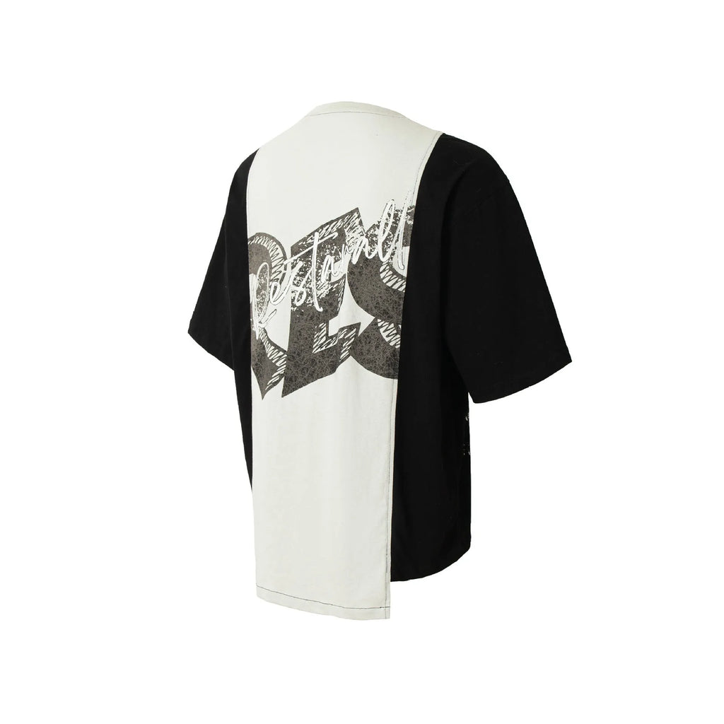Black and white deconstruction printed cotton blend t-shirt with loose fit and short sleeves
