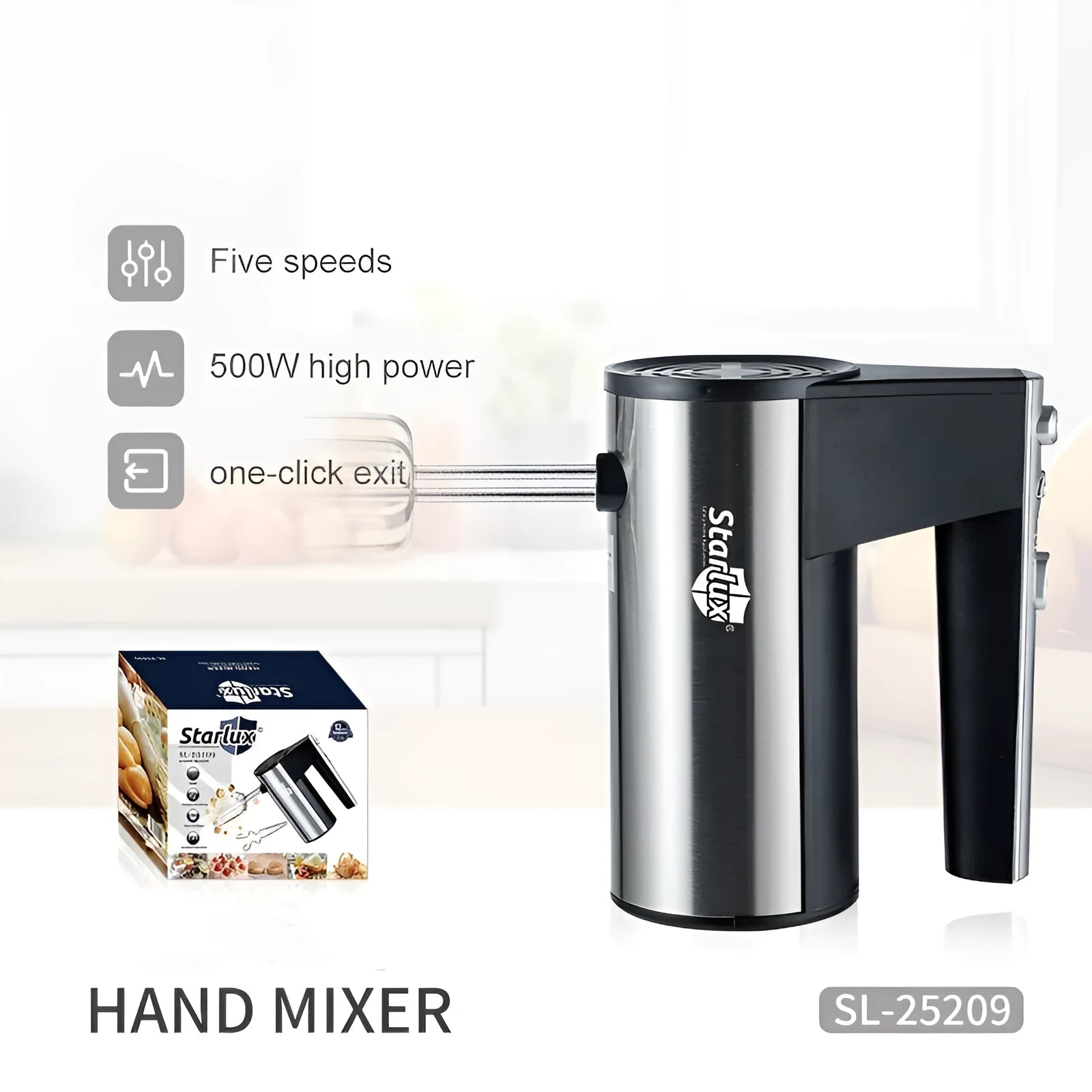 SL-25209 black electric handheld mixer with 5 speed settings and dual voltage compatibility