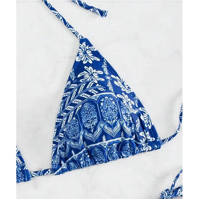 Women's split bikini swimsuit with bandage stitching in polyester material