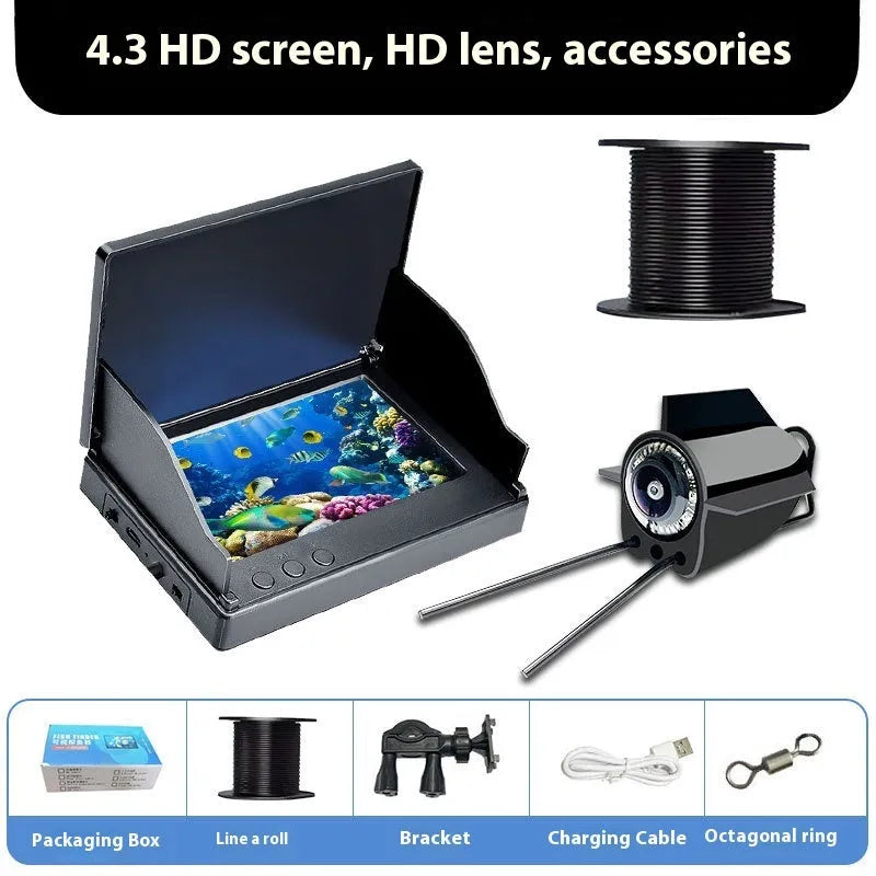 Underwater fish finder HD camera with 4.3-inch IPS screen showing underwater footage with night vision lights active.