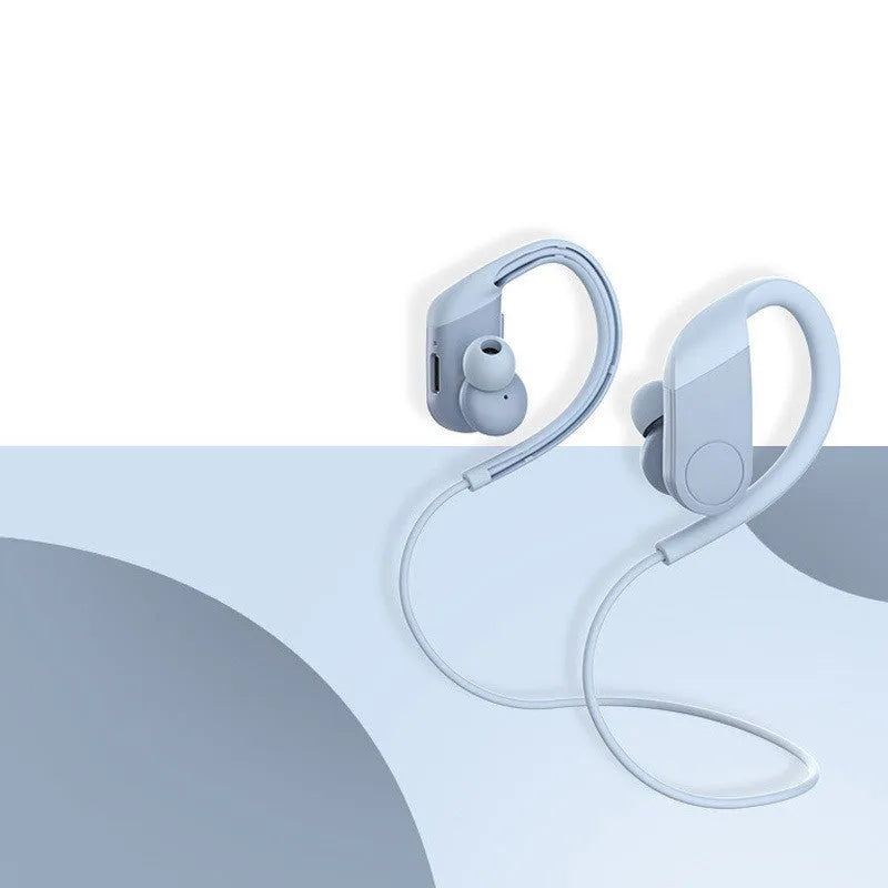 Wireless in-ear hanging Bluetooth headset in black with earbuds and neckband on white background