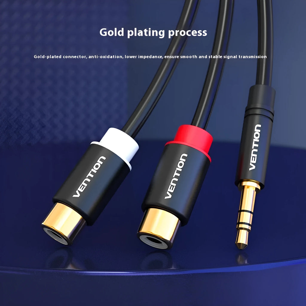 Black 30cm 3.5mm to double lotus audio cable with gold-plated connectors and revolving head