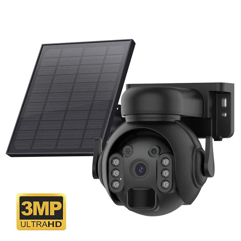 White solar-powered outdoor security camera with solar panel on top, mounted on a wall.