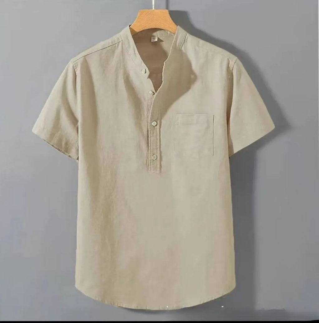 Men's beige linen casual shirt with stand collar and short sleeves in loose fit