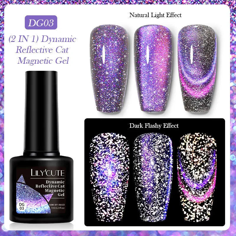 Diamond in the Debris Cat Eye Series nail polish gel bottles in six colours with glitter and fragment texture