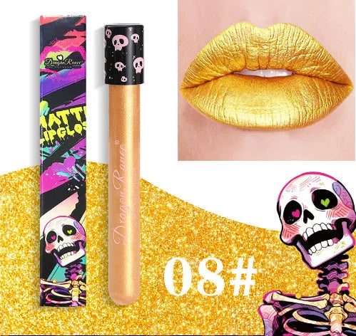 Halloween creative makeup lip gloss in skull-shaped test tube with retro matte gold and silver shades.